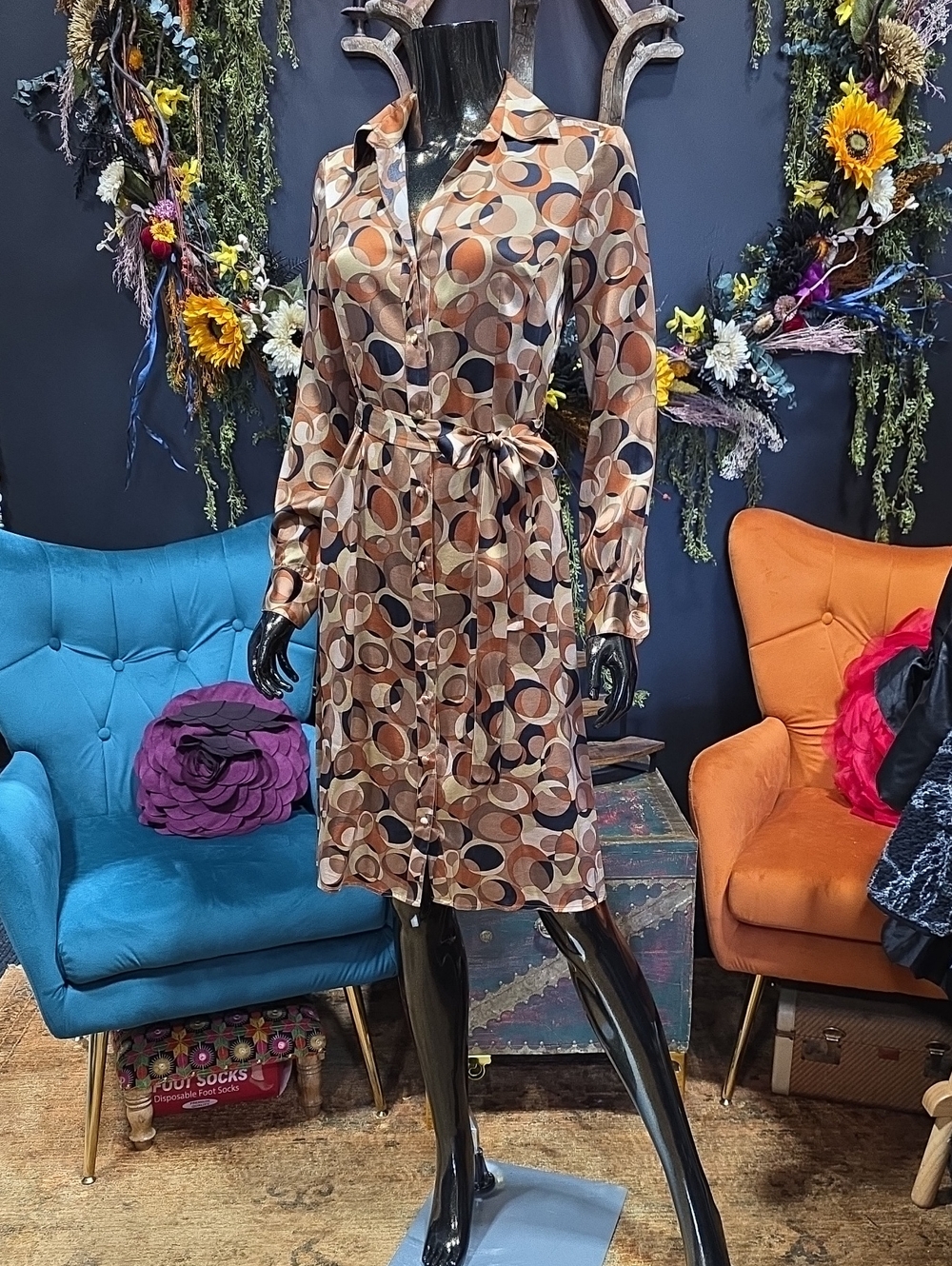 Bisou Bisou Brown Silk Multi Geometric Shirt Dress with Belt